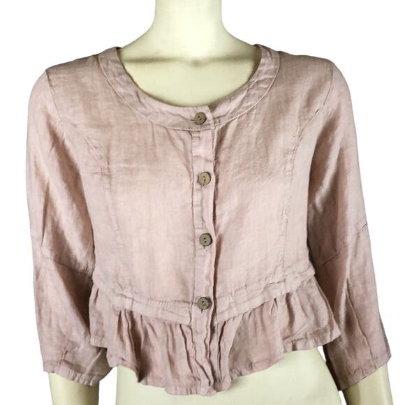100% Lin Blanc Ruffled Linen front button closing crop top size 14 - Picture 1 of 8